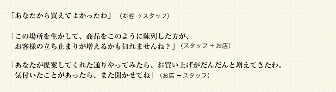 「あなたから買えてよかったわ」「この場所を生かして、商品をこのように陳列した方が、　お客様の立ち止まりが増えるかも知れませんね？」「あなたが提案してくれた通りやってみたら、お買い上げがだんだんと増えてきたわ。　気付いたことがあったら、また聞かせてね」